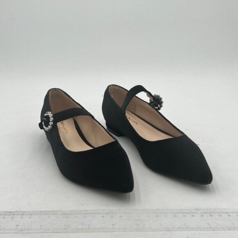 XYD Black Pointed Toe Velvet Flats Pearl Strap Beaded Mary Janes Stylish Shoes - Picture 4 of 8
